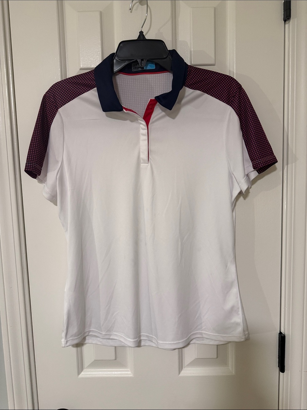PGA Tour White Polo with Navy Collar and Burgundy Patterned Shoulders